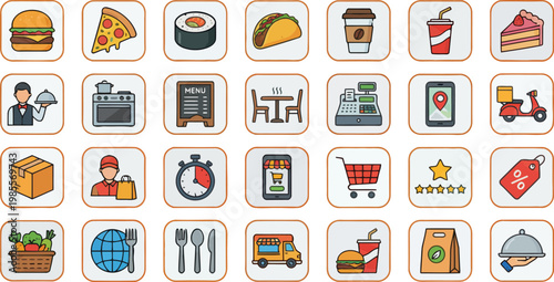 Restaurant menu online food ordering framed color vector icons