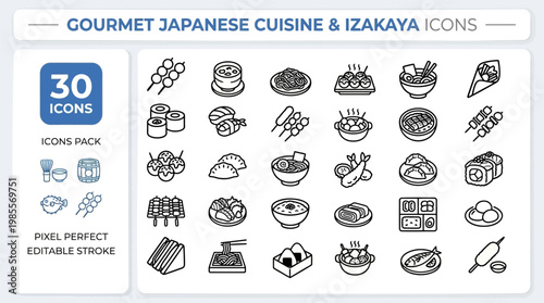 Japanese cuisine sushi ramen and izakaya line vector icons