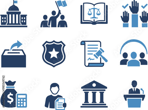 Law justice legal system and police solid blue vector icons