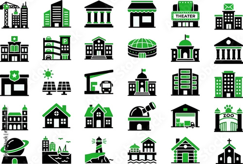 City buildings urban architecture and real estate solid vector icons