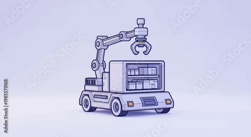 Robotic mobile storage unit picking items with automated arm in a cartoon style against a stylized landscape background illustration