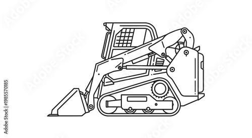 Skid steer loader line art vector illustration featuring construction machinery with treads and a bucket for industrial tasks in black and white