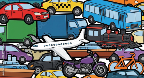 Busy transportation scene with various vehicles and modes of transport.