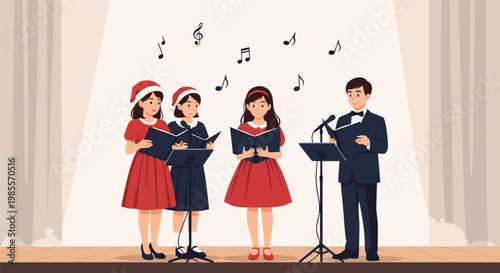 Talented group of singers in festive red and blue outfits perform Christmas carols on a stage during a concert.