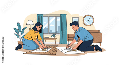 Creative couple works together on architectural blueprints or large design drawings on the floor of their home.