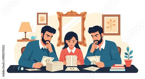 Group of serious business people sit at a table and count large stacks of dollar bills for financial planning.