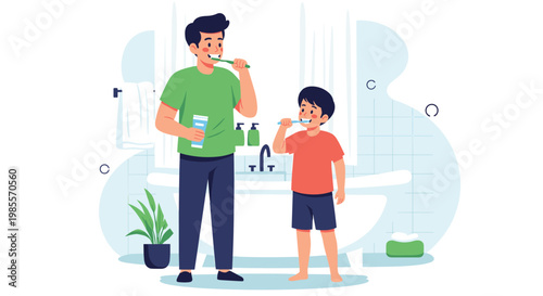 Happy father and his young son brush their teeth together in a clean modern bathroom to start their day right.