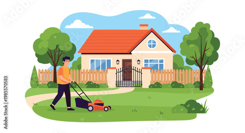Hardworking man uses an orange lawn mower to trim the grass in the front yard of a beautiful suburban house.