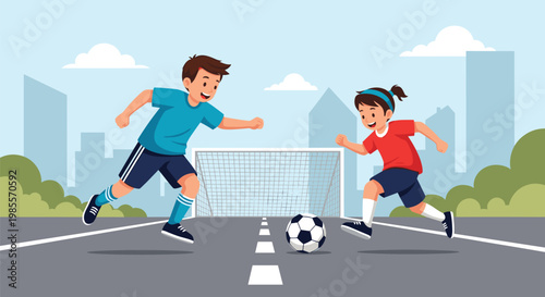 Two children enjoy a friendly soccer match on a paved street with a goal post and city skyline in the distance.