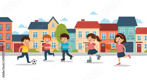 Diverse group of happy children enjoying various outdoor activities like soccer, roller skating, and basketball in a friendly neighborhood.