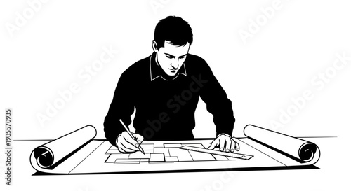 Man working on architectural blueprint plans.
