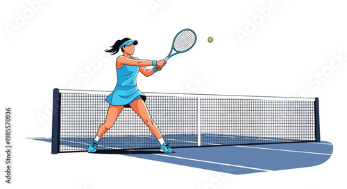 Athletic female tennis player wearing a blue sports outfit hitting a ball with her racket during a competitive match on an outdoor court.