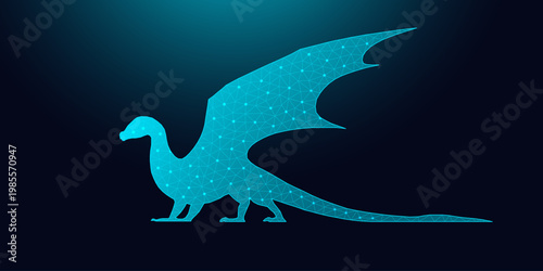 Glowing low poly dragon wireframe on dark background.