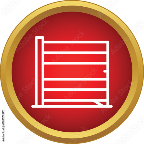 Simple wooden fence gate outline icon in a red circle with gold border
