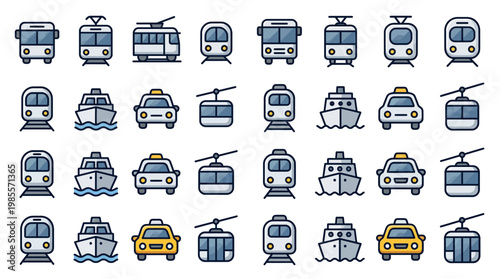 A grid of various stylized flat design icons representing different modes of public and private transportation, including trains, buses, trams, ships, taxis, and cable cars.