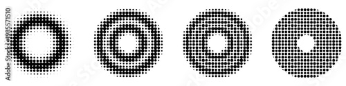 A set of circular graphic elements with a concentric halftone effect, creating a target or ripple look. Vector illustration for retro design and visual accents.