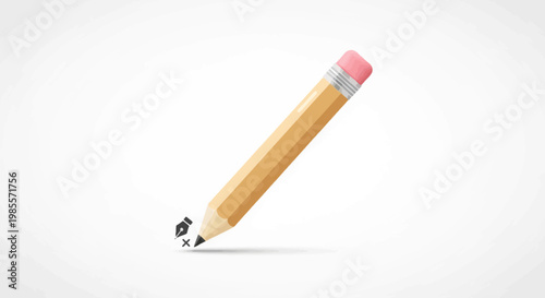 Yellow pencil with pink eraser and vector design icon on tip creating illustration in sketch style isolated against white backdrop