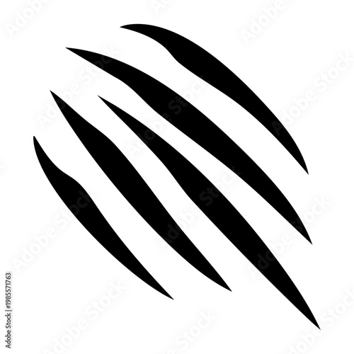 Claw marks. Five diagonal black tears on a white background, imitating deep scratches from a beast's paw. Vector illustration in a minimalist, aggressive style.