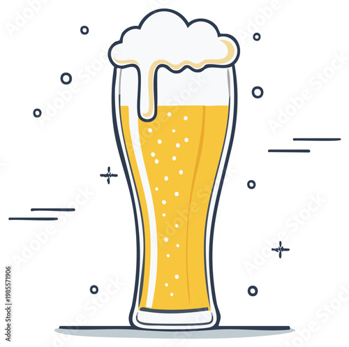 Refreshing golden beer in a tall glass with thick frothy foam and effervescent bubbles