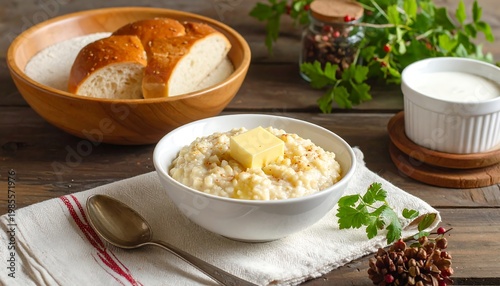 A warm bowl of oatmeal with butter on top and bread on the side