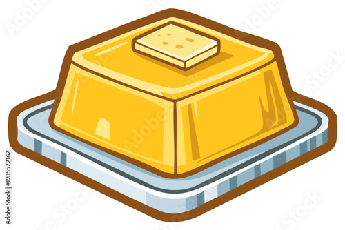 Stylized Butter Block with Smaller Butter Piece atop on Square Plate, Golden Food Illustration