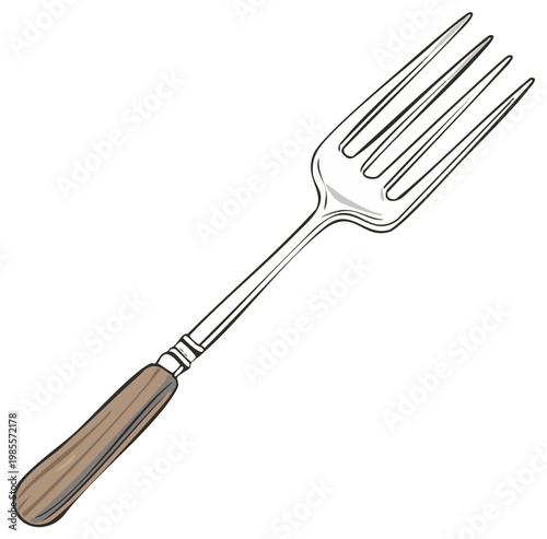 Elegant Fork Illustration with Wooden Handle, Silverware Cutlery, Kitchenware Tool