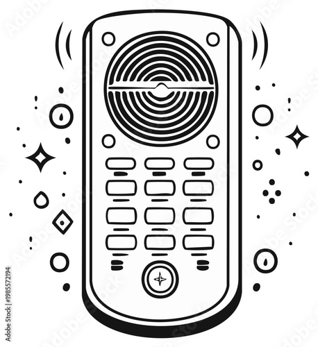 Black and white illustration of a retro telephone receiver with button keypad and radiating signal