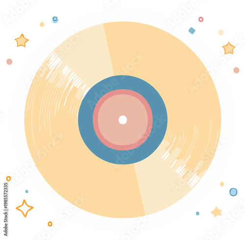 Pastel Colored Vinyl Record with Stars and Confetti Graphic Design Elements
