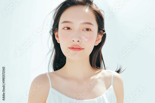 美容, 女性, スキンケア, 化粧品, ビューティー, 若い女性, 美肌, 日本人, アジア人, フェイシャル, メイク, 美容液, 保湿, クリーム, エイジングケア, 美容医療, エステ, 美容クリニック, 肌ケア, ナチュラルメイク, 透明感, ツヤ肌, モデル, 笑顔, ポートレート, クローズアップ, リラックス, 癒し, 健康的, 美白, コラーゲン, ヒアルロン酸, アンチエイジング