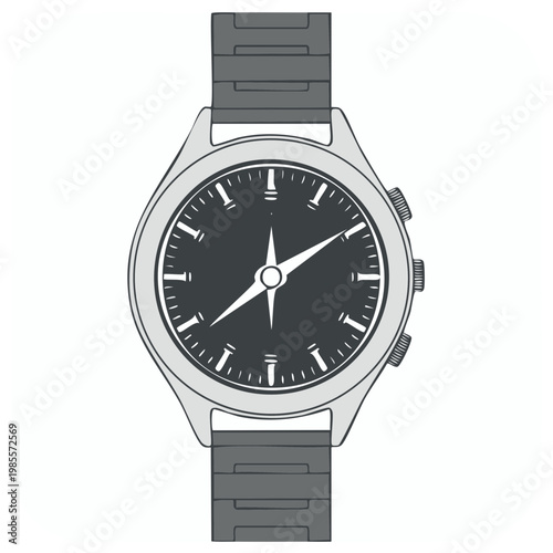 Wristwatch with dark face and silver metal band and silver casing