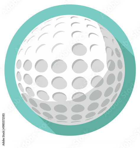 White golf ball with textured dimples in modern flat design graphic surrounded by a teal circular frame