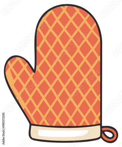 Illustrated orange oven mitt with a classic diamond pattern and a practical hanging loop for cooking