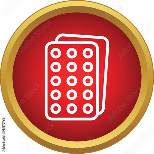 Blister pack of medicine pills and capsules in an outline icon on a red circle