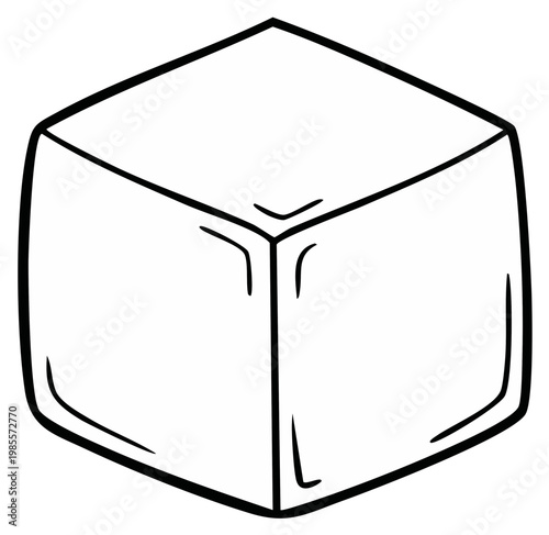 Simple black and white line art illustration of a cube. Hand drawn geometric block or ice cube cartoon icon.