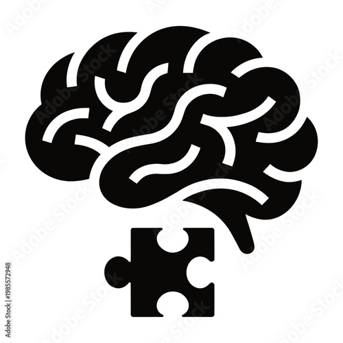 Vector of a brain with a puzzle piece, symbolizing problem solving and critical thinking.