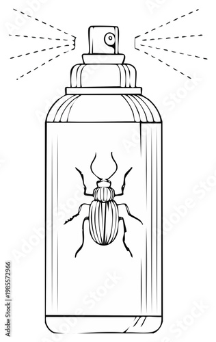 Spraying Insecticide with Beetle Illustration on Can Line Art Vector Illustration