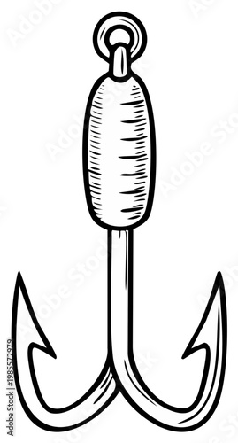 Hand drawn sketch of a fishing hook with sharp points and a loop for attaching line