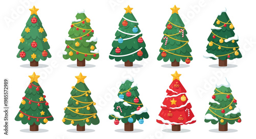 Christmas trees with colorful decorations.