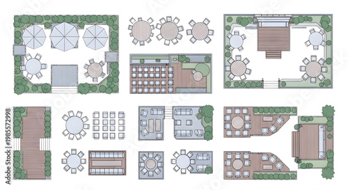 Outdoor Dining and Event Area Layout with Wooden Interior and Plants Blueprint Icon Set – Multi View AutoCAD Landscape Technical Color Vector Drawings