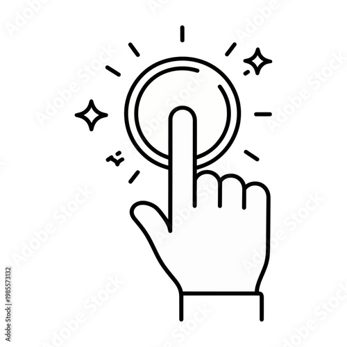 Vector graphic of a hand pressing a glowing button with sparkles
