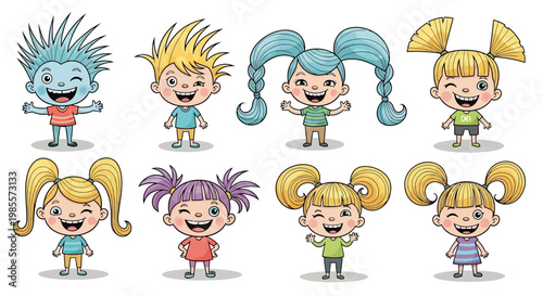 Cartoon children with different hairstyles smiling.