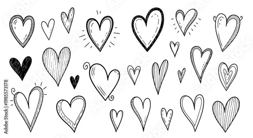 Collection of hand drawn heart shapes.