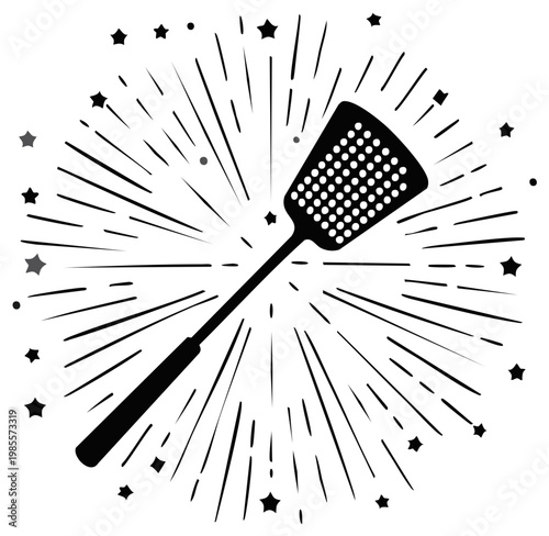 Graphic Flyswatter surrounded by radiating lines and stars conveying impact extermination pest control house keeping illustration