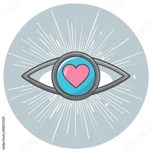 Eye with Heart Inside Circle Background Rays Cartoon Style Vision Love Concept Graphic Design Element