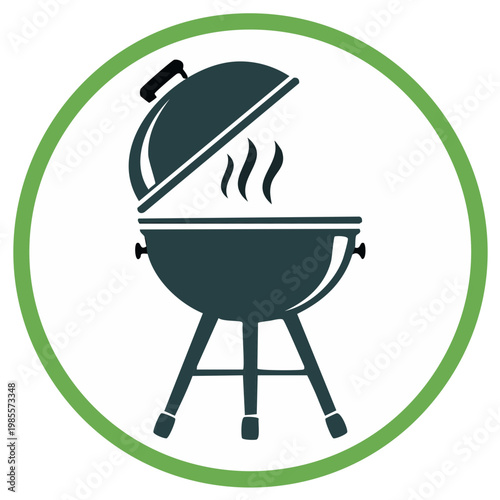 Barbecue grill icon with open lid and rising smoke inside a green circle vector illustration