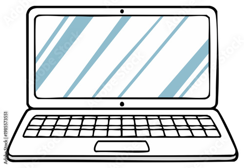Hand drawn doodle laptop computer with reflective screen and keyboard