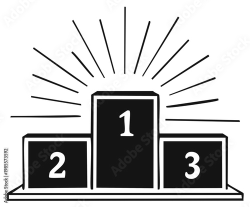 Podium illustration with sunburst depicting first second and third place winners achievement award