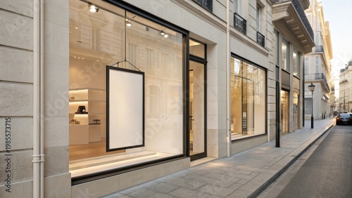 Modern storefront with blank advertisement board