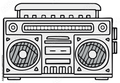 Retro audio boombox stereo music player illustration, vintage radio design, line art style.