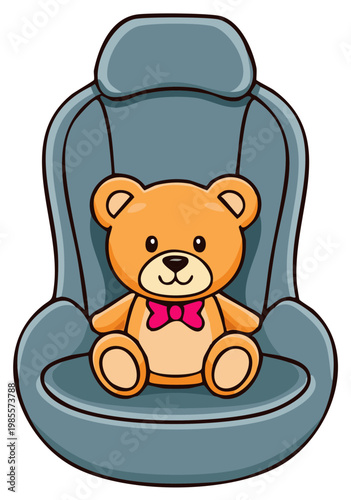 Cute cartoon teddy bear sitting in a car seat wearing a pink bow tie
